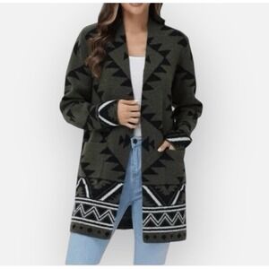 Frye The Cozy Long Open Cardigan In Olive Green & Black Women's Large